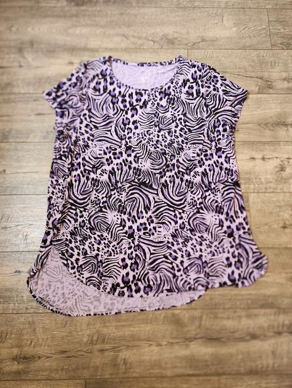 APT.9 Womens Essentials Purple Sz XL  Animal Print Short Sleeve Curve Hem Blouse